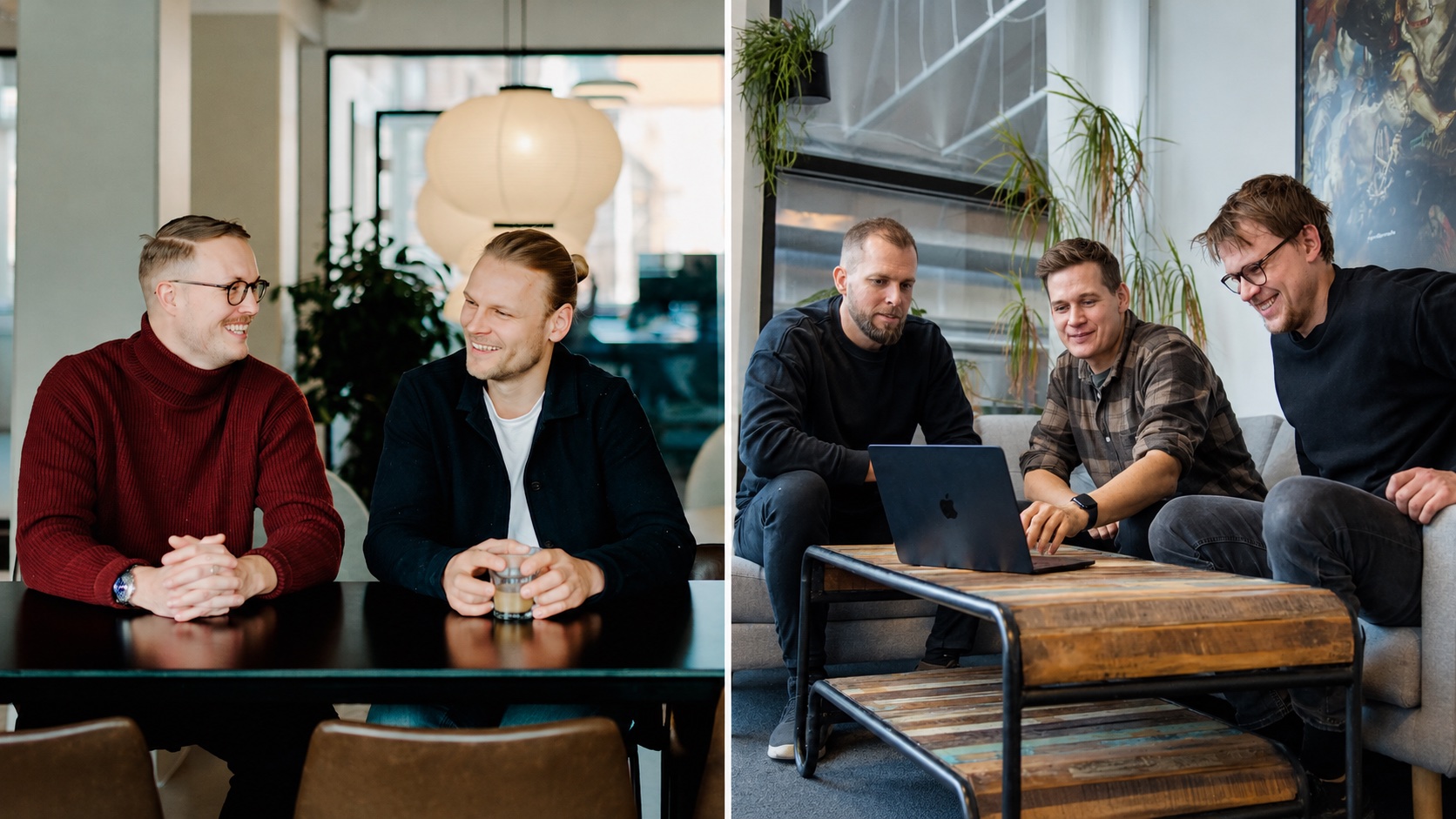 Two photographs: Zoios founders Christian Højbo Møller and Mikkel Agesen on the left; Langsom owners Bo Møller, Emil Højbjerg and Oliver Lindebod on the right